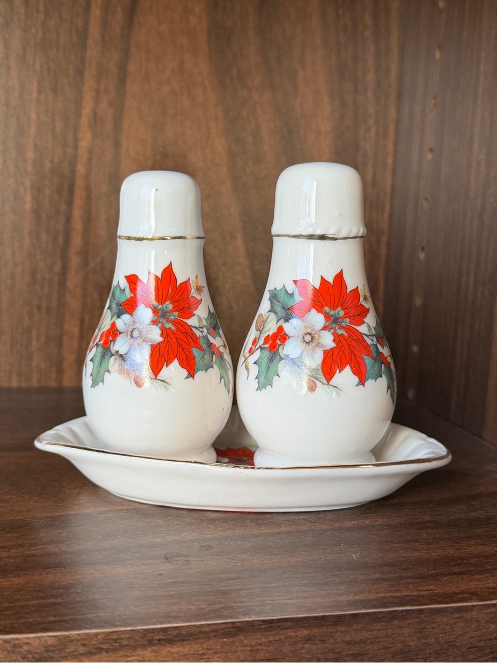 Fine Bone China salt and pepper shakers poinsettia and holly design